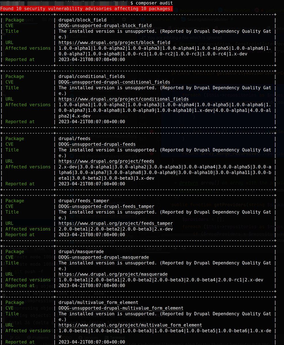 IEMIXER's tweet photo. Dear #Drupal community!

Let me promote my new tool that enhances "composer audit" with extra advisories for insecure- (even if there is no CVE) and unsupported versions!

Share in the thread if your project passed on it, you should be proud!

#FOSS  #php

https://t.co/LJ45VYArYL https://t.co/QuYMvpfCvh