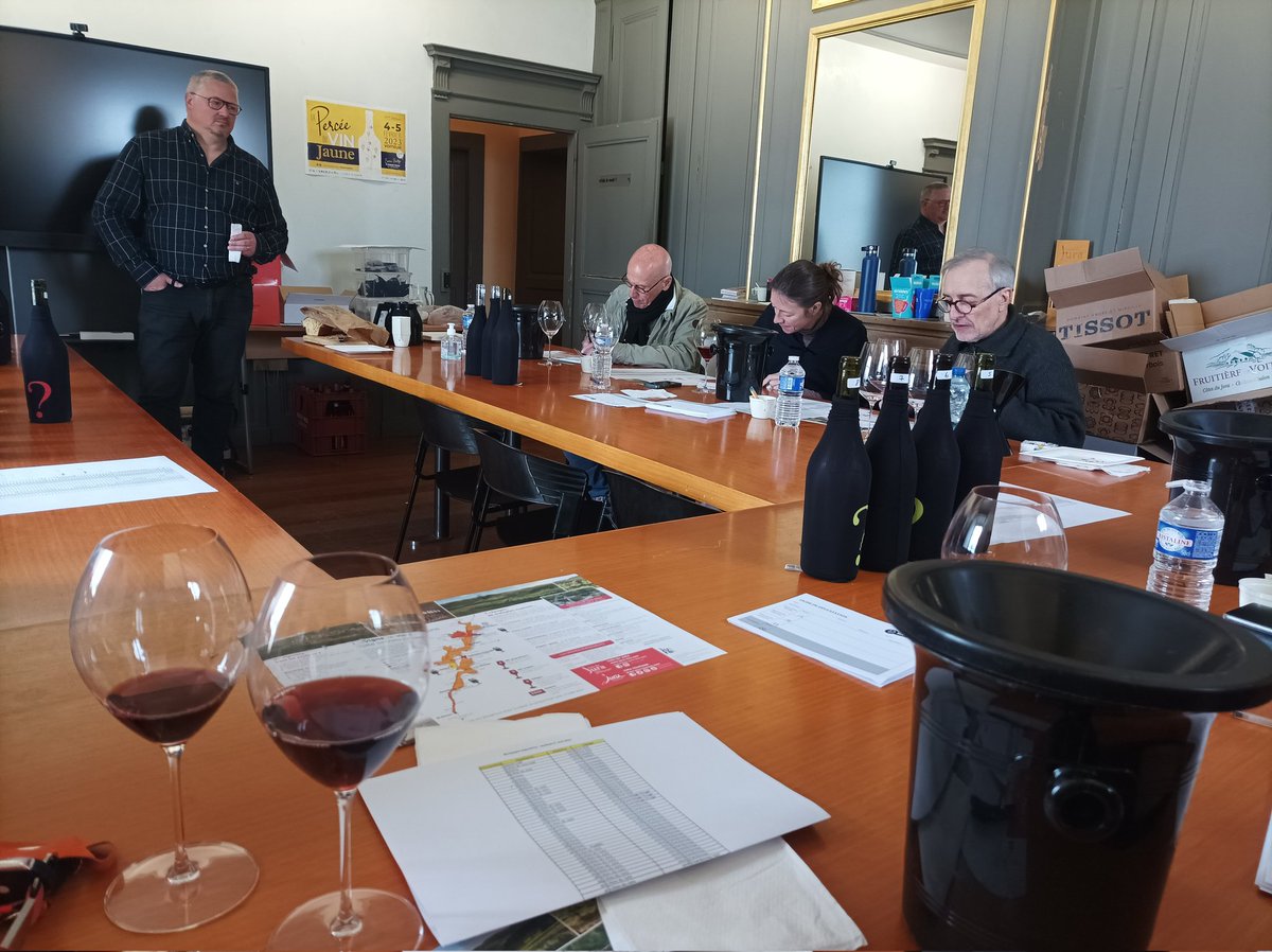 BourgogneAujou1's tweet photo. Dégustation des #vinsduJura pour un futur supplément Jura sous la houlette de @O_Badoureaux. Série de #trousseau dans le Jury B https://t.co/BXMhqm6rhj