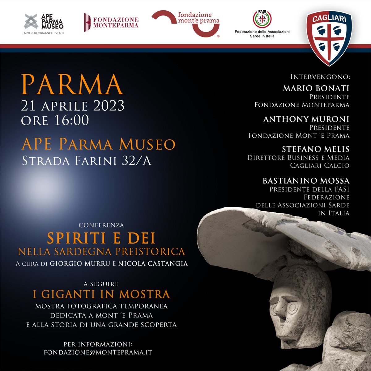 CircoloDeledda's tweet photo. 📆 Oggi appuntamento con la Fondazione Mont’e Prama insieme a #FASI, @Cagliari_1920 e Fondazione Monteparma

📷 Conferenza "Spiriti e Dei nella #Sardegna preistorica" e mostra sui #Giganti 

✔️#Evento a #Parma il 𝟐𝟏 𝐚𝐩𝐫𝐢𝐥𝐞 𝐨𝐫𝐞 𝟏𝟔 presso APE MUSEO, Via Farini 32/a https://t.co/QAesjwoyDe