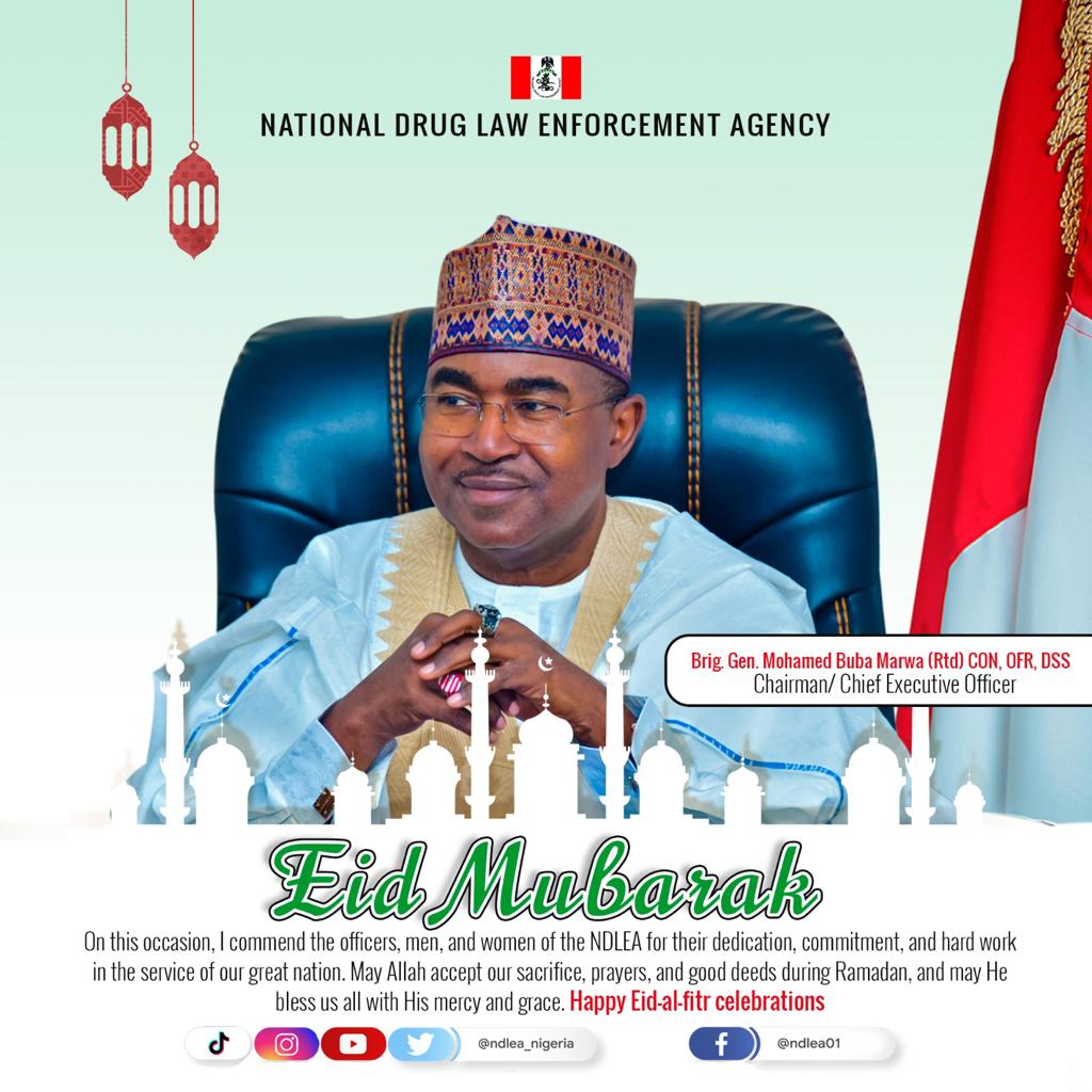ndlea_nigeria's tweet photo. Sallah greetings from the CCEO of NDLEA, Brig. Gen. MB Marwa (Retd) CON, OFR, DSS to all personnel of the Agency, our partners and the public.  Happy Eid Mubarak https://t.co/9zjv56oyXr