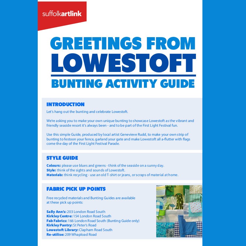 Suffolk_Artlink's tweet image. Festoon your fence &amp;amp; join the First Light Festival fun with homemade bunting. All with the help of our Bunting Activity Guide. suffolkartlink.org.uk/session-type/d…
Pick up points for fabric and a printed version of the Guide at:
Sally Ann&apos;s
Re-utilise
@YlpKirkley 
@LowestoftLib