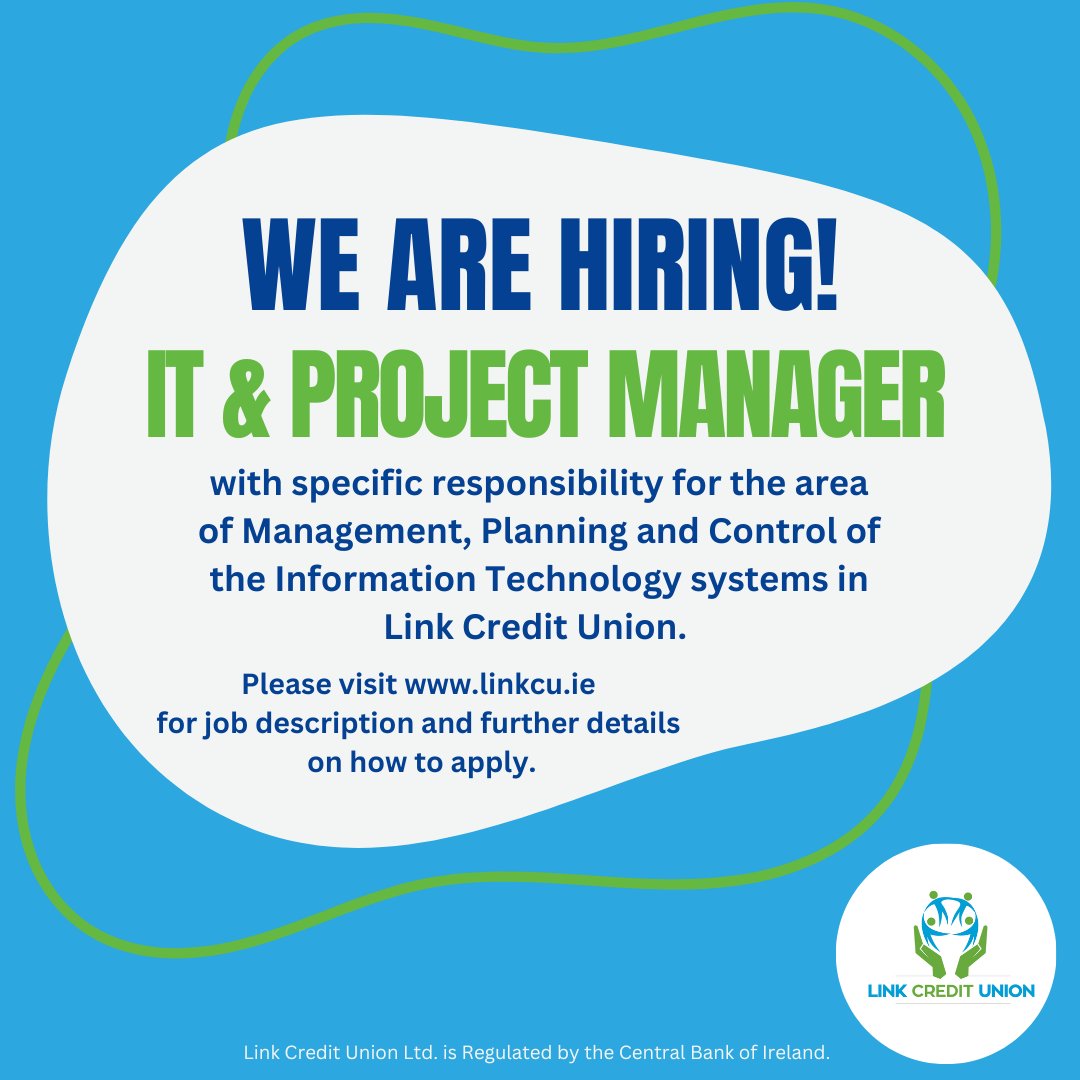 LINK_CU's tweet photo. We are hiring!

IT &amp; Project Manager with specific responsibility for the area of Management, Planning &amp; Control of our Information Technology systems.

Link to job description &amp; details on how to apply below⤵️
https://t.co/LFik8GCY1N

#jobfairy #Cavanjobs #LinkCreditUnion https://t.co/pe3dvpta2D