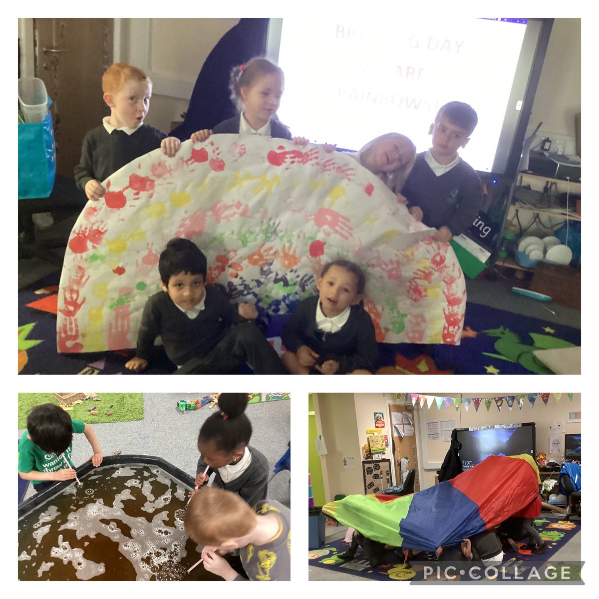 KnockhallEYFS's tweet photo. Ducklings had a great Big Bang Day on Tuesday. We painted a rainbow, blew bubbles and even used the parachute to investigate the colours of the rainbow. We’re also learning to sing and sign ‘I can sing a rainbow’. 🌈🏳️‍🌈🔴🟡🔵🟠🟣🟢 @KnockhallEYFS @W00dlandAcademy @KnockhallSch https://t.co/BCHnQbUv4n