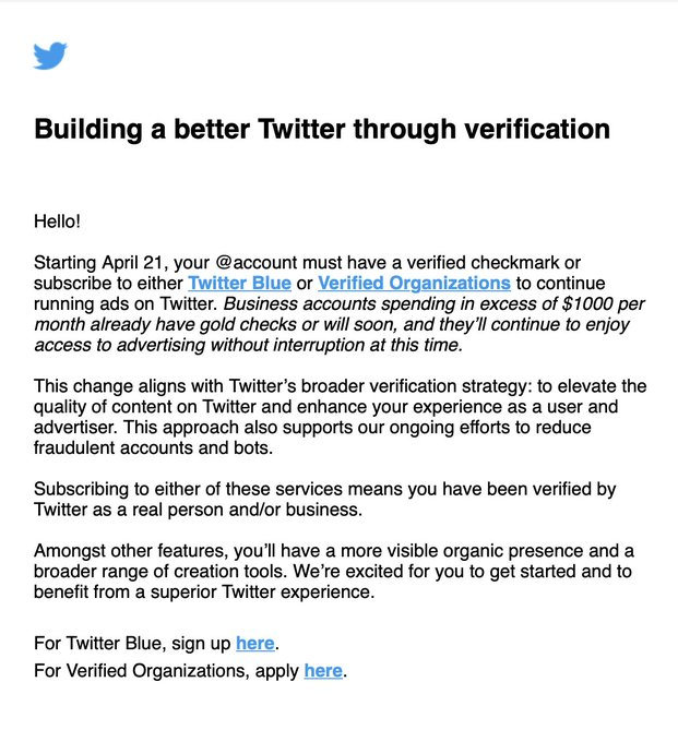 MattNavarra's tweet photo. WOW... Twitter is now telling advertisers it MUST subscribe to Twitter Blue or Verified Organisations to continue running ads! https://t.co/4DrDu82Zi0