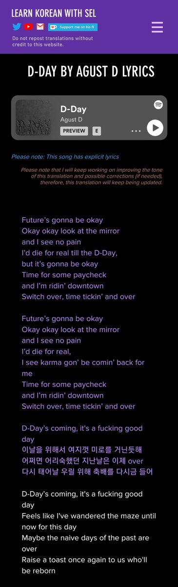 BTStranslation_'s tweet photo. D-DAY  — AGUST D
BTS LYRICS TRANSLATION 

FULL TRANSLATION: https://t.co/Rplt2LsQbF

#AgustD_DDAY #DDAY #D_DAY #D_DayOUTTODAY #SUGA https://t.co/oDZki7WEE9