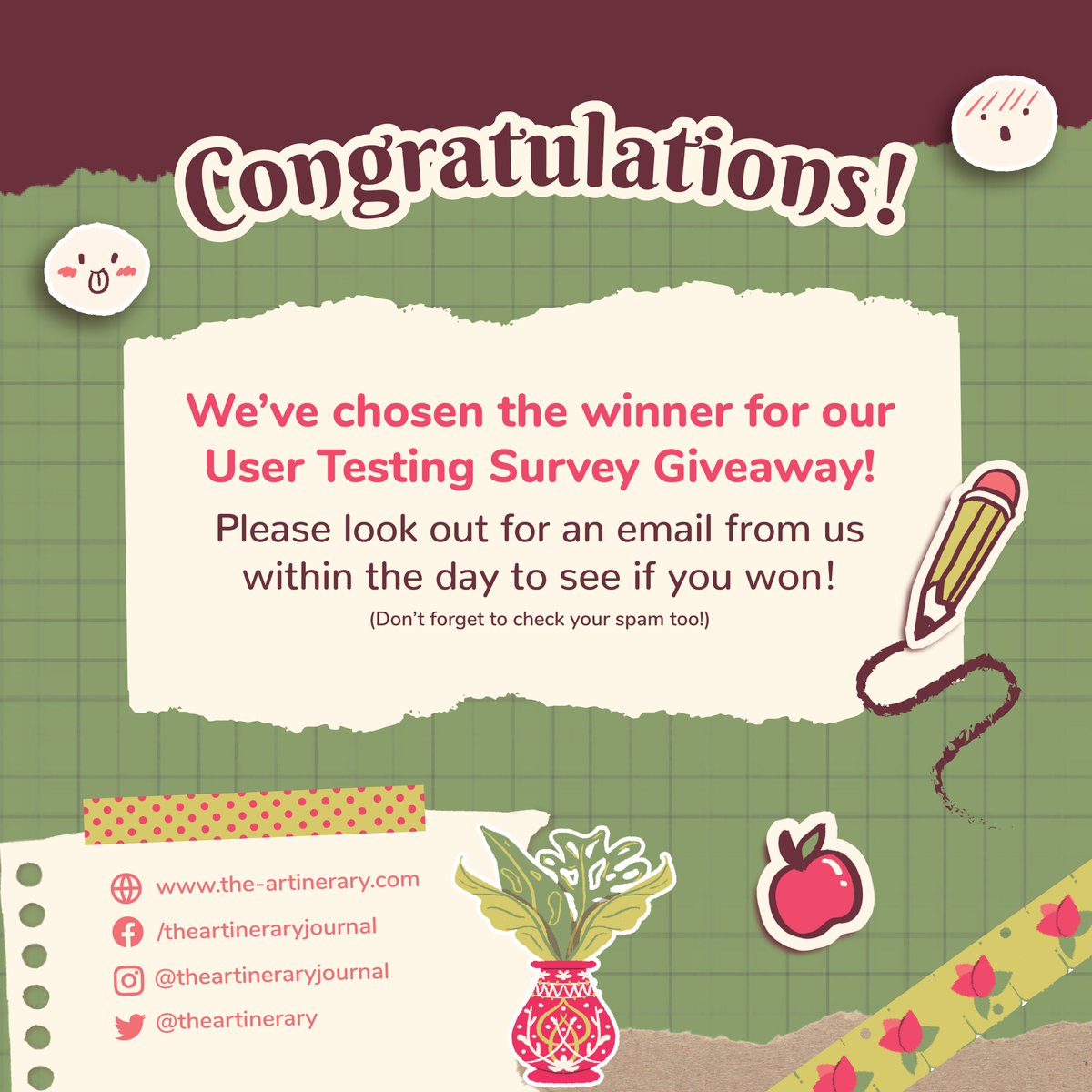 Congratulations, we have a winner!! 🥳

We've chosen the raffle winner from our User Testing giveaway participants! Watch out for an email from us within the day to see if you won 👀

(Don't forget to check your spam too! Or whitelist our mail: theartinerary@gmail.com)