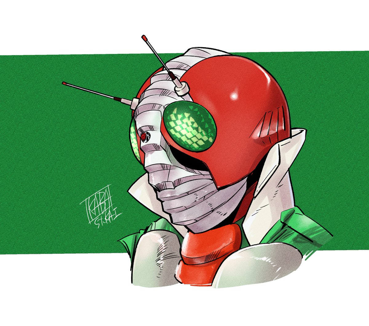 「仮面ライダーV3マスクの形状再確認。中央の蛇腹?と覗き穴の段差に色気を感じる。 」|🟢椛島洋介 Yosuke Kabashima🟣のイラスト