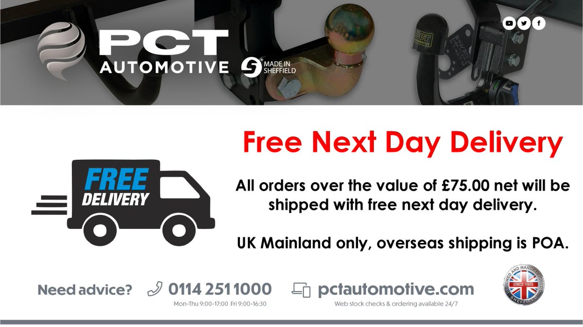 PCTAutomotive's tweet photo. We use APC and Tuffnells for our overnight shipping, orders over £75.00 are dispatched with free next day delivery! 📦
#NextDayDelivery #PCTAutomotive #Towbars #SteelCity #MadeinSheffield https://t.co/oPHzTmJgSk