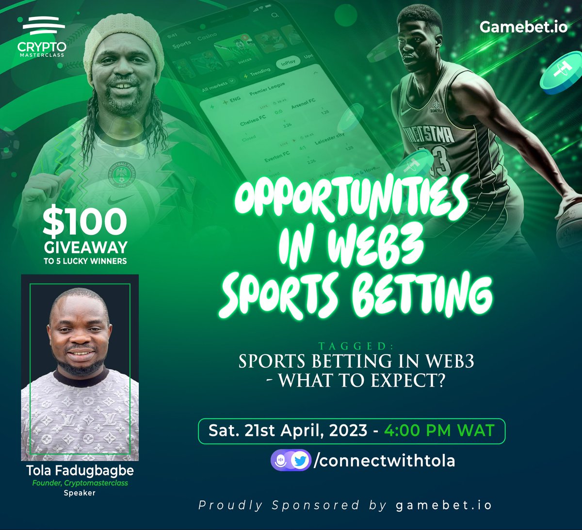 connectwithtola's tweet photo. We are giving out $100 to 5 lucky winners in our Twitter Space today proudly sponsored by @Gamebetio 

To participate 🤼

1. Create an account with https://t.co/GdAoYjZktI (ignore if you have an account already)

2. Reply with your https://t.co/GdAoYjZktI USDT Trc20 QR code. This will be used to credit your account.  

3. Retweet this and tag 3 friends. 

Come, let’s discuss the opportunities and tips in Web3 sports betting ⚽️ 🚗 🐎 💰 

Time: 4PM WAT 

⏰ Set your reminder here: https://t.co/T0lynrDAdb