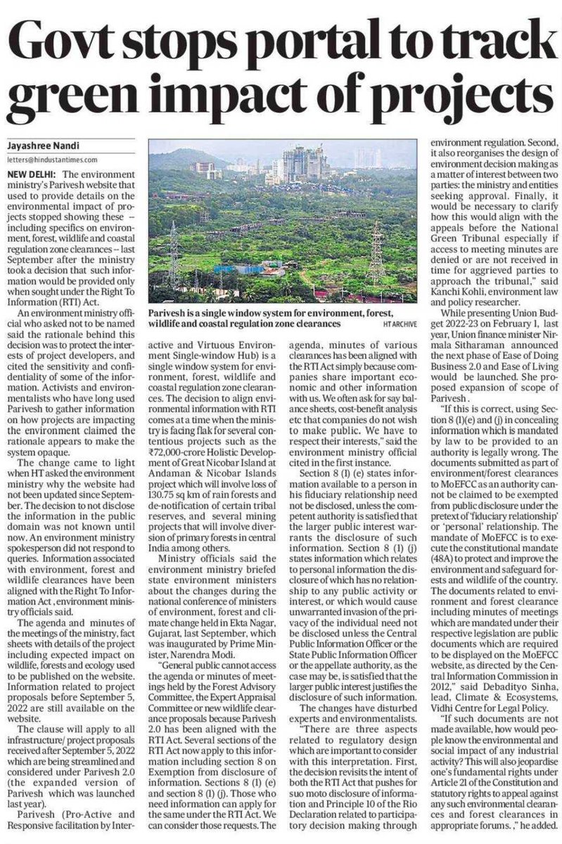 cfa_ind's tweet photo. In huge blow to transparency, @moefcc  has stopped disclosing information related to impacts of projects on environment, forests, wildlife &amp; coastal zones, to protect corporate interests. Disclosure of such information will only be 'considered' through RTI, by @jayashreenandi https://t.co/W0yEZP2fca