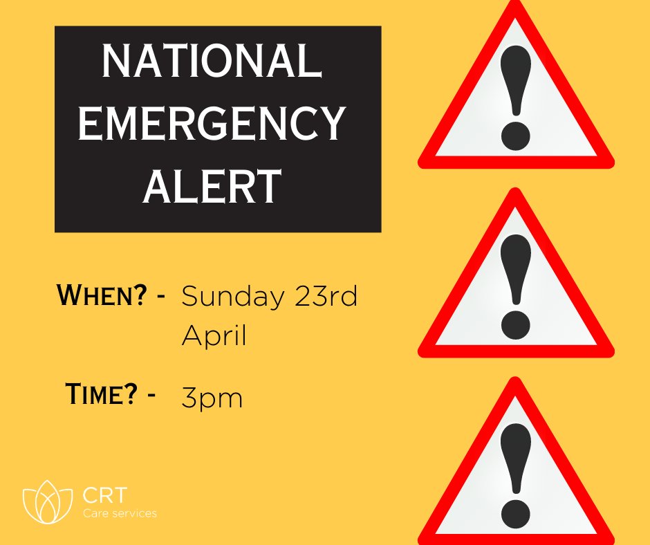On Sunday, 23rd April at 3pm, a National Alert will be broadcasted to every mobile phone in the UK.

Please note: this alert is just an emergency alert system test.

For more info, please see: gov.uk/alerts

#CRTCare #CRTCareCarers #EmergencyAlert #NationalAlert