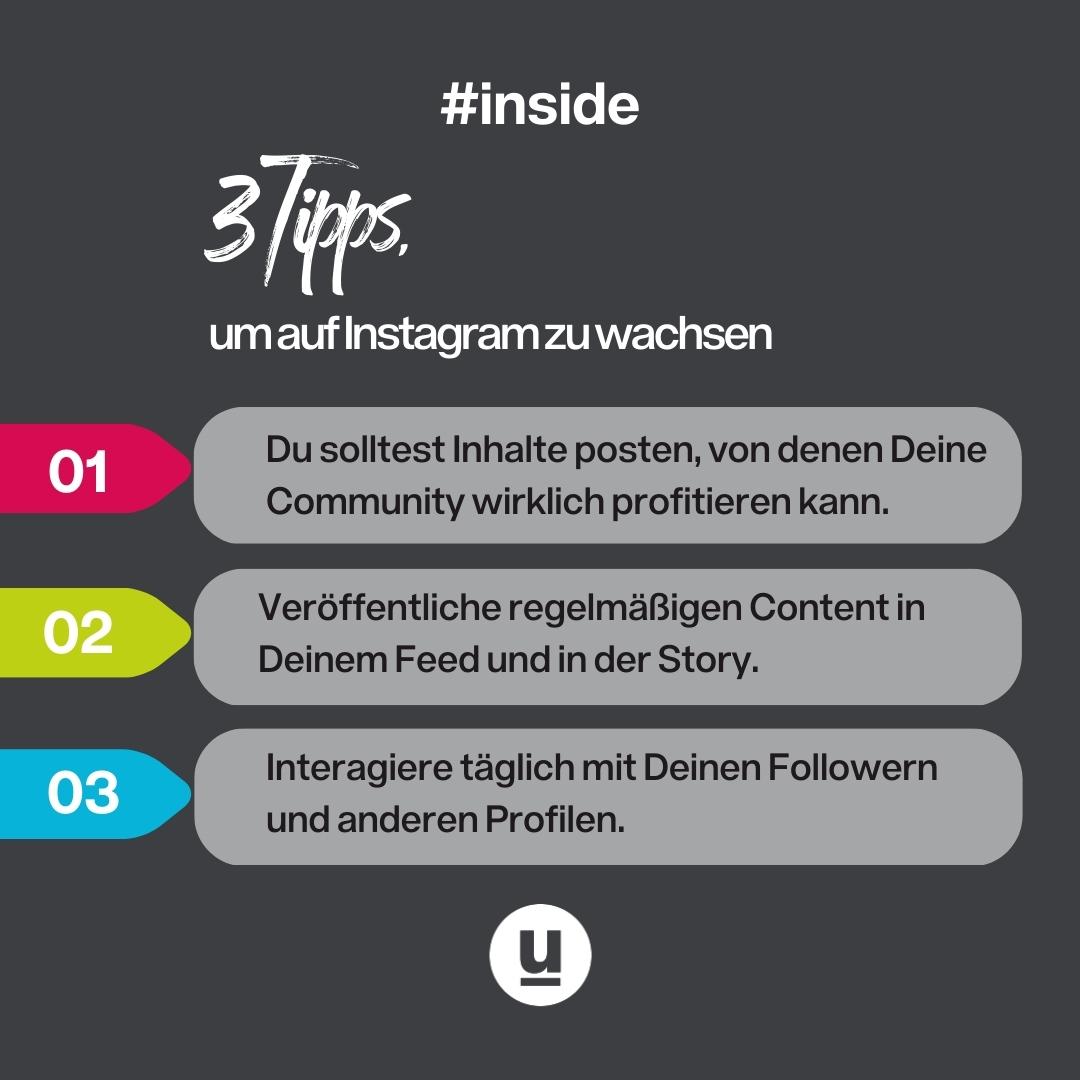Ihr möchtet auf #Instagram wachsen, aber wisst nicht, wo Ihr anfangen sollt? 
Die Grafik gibt Euch 3 Tipps, welche essenziell sind, um einen #Wachstum auf dieser Social-Media-Plattform zu verzeichnen.