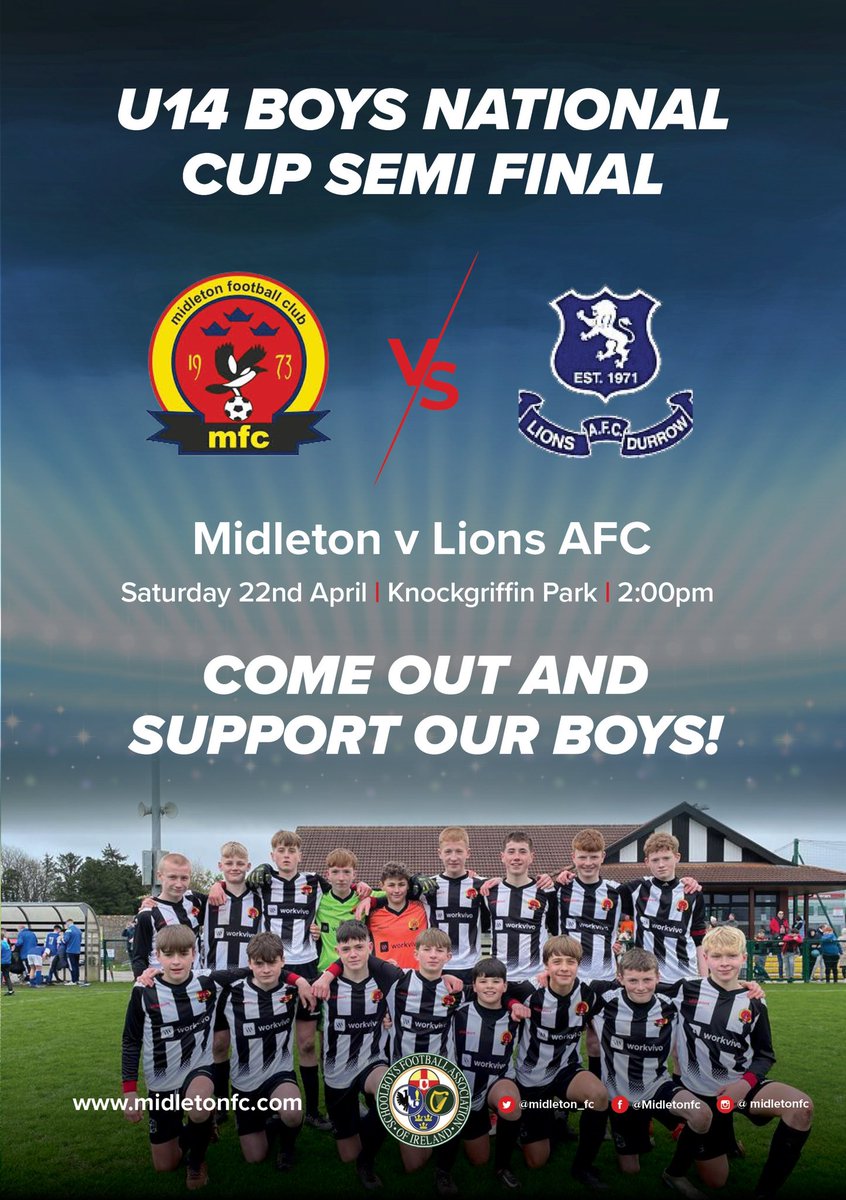 Another massive game for the <a href="/midleton_fc/">MidletonFC</a> U14 boys tomorrow in the <a href="/SFAIreland/">SFAI</a> National Cup. This talented group combine talent with positive attitude and a strong work ethic. I know they will do themselves, their families and our club proud.  ⚫️⚪️⚫️⚪️⚫️⚪️
