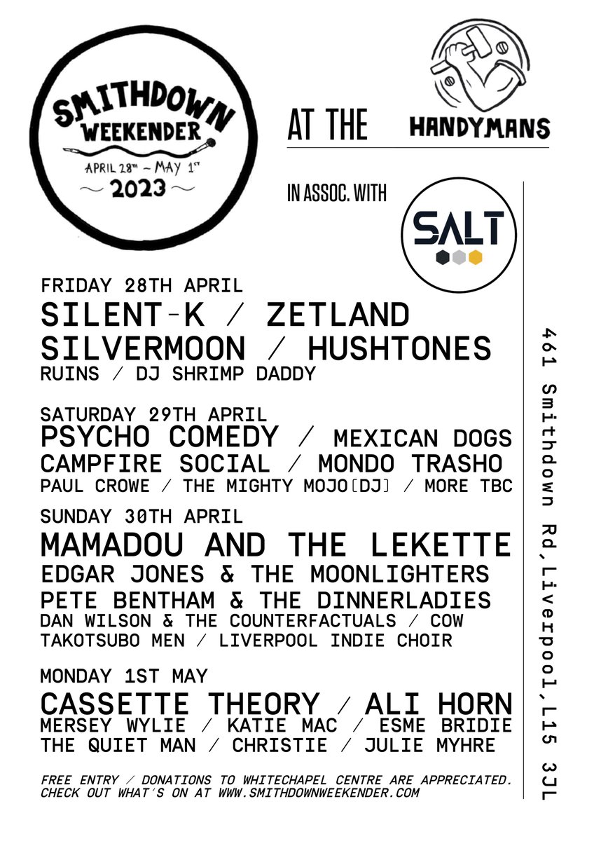 @SmithdownFest at the @handymanSmarket / @handymanbrewery 2023! Feat: @Silent_K_ @Silvermoon_UK @thoseruins1 @mexicandogs_ @mrpaulcrowe @The_Mighty_Mojo @edgarsummertyme @DanWilsonandTh1 @cassettetheoryy @alialihorn @itiskatiemac @EsmeBridie @merseywylie @Hushtonesmusic + More!