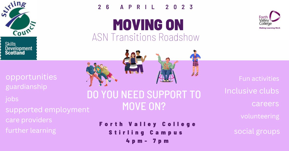 FVCollege's tweet photo. We will be hosting an Additional Support Needs Transition event at our Stirling Campus on Wednesday 26 April 4pm - 7pm 📢

Come along to find out about the opportunities available for young people moving into adulthood.  

See more details below 👇 https://t.co/6AHEFFQGVy