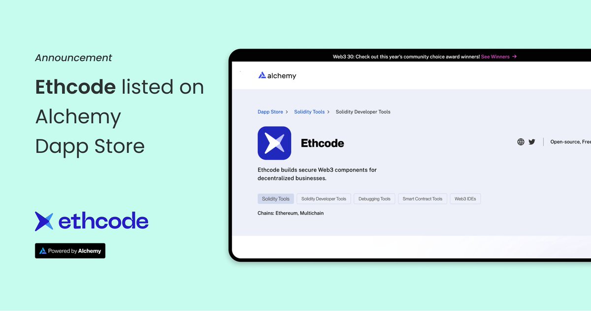 _mathcody's tweet image. 📢 Exciting news! Ethcode has been listed on the Alchemy dapp store 🎉

Ethcode is now easily accessible to a wider audience of developers looking to streamline their development workflows on the blockchain.

alchemy.com/dapps/ethcode

#ethereum #Alchemy #SmartContracts #web3