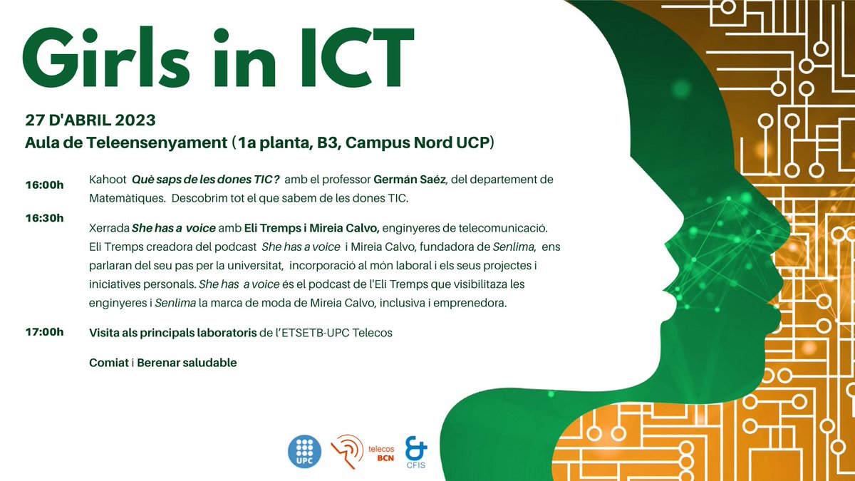 📢Nenes, noies, ... TOTES amb les #TIC!  

Hem organitzat  l'#ICTDay amb el CFIS per visibilitzar a les dones enginyeres de #Telecomunicació 🔥🔥🔥

📆27 abril - 🕓16h - 📍Aula de Teleensenyament

telecos.upc.edu/ca/noticies/gi……

<a href="/igualtatUPC/">igualtatUPC</a> <a href="/ITU/">Int’l Telecommunication Union</a>