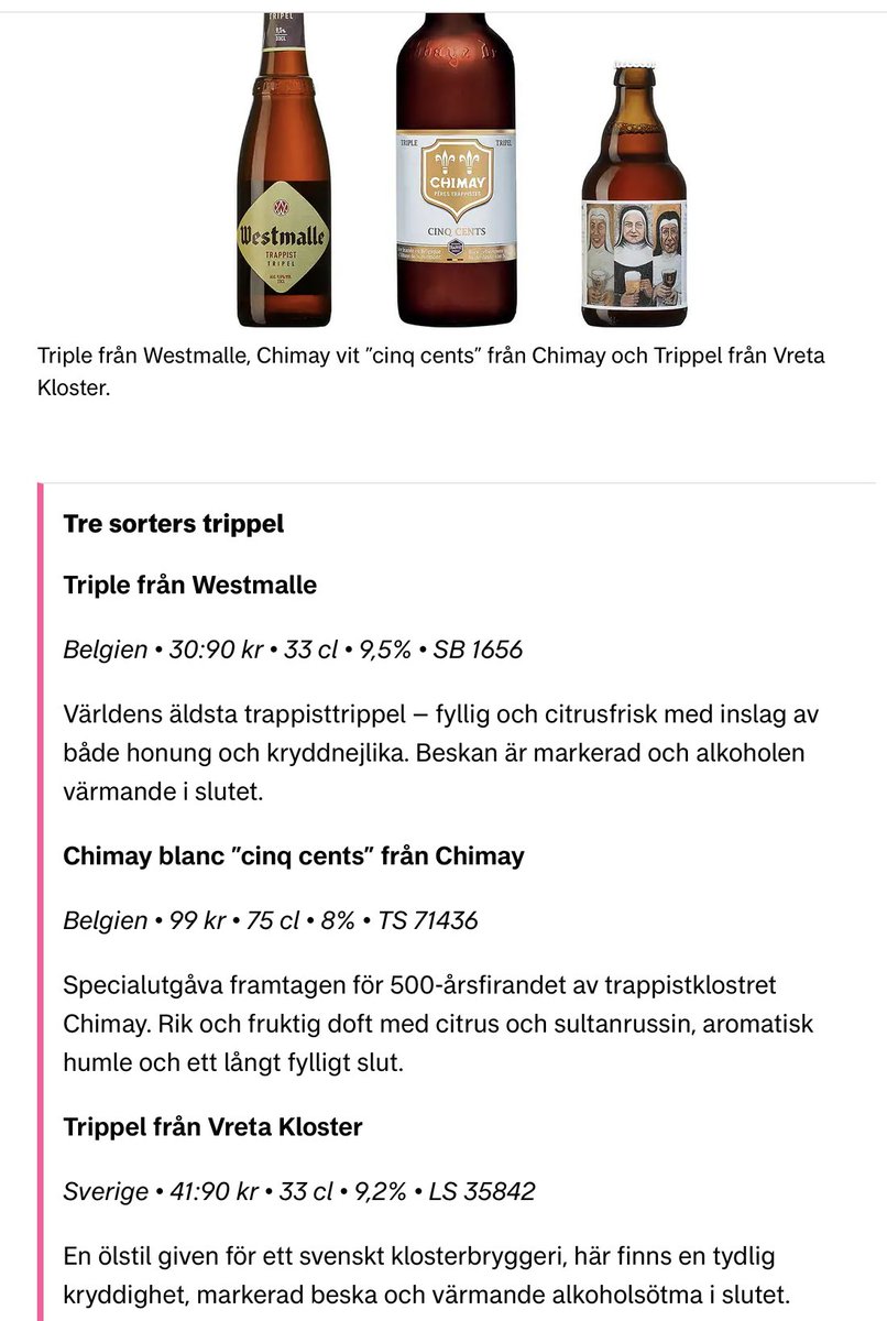 klosterbryggeri's tweet photo. Idag skriver DN om ��lstilen belgisk trippel. De tipsar om tre tripplar 
- Westmalle som ofta ses som ”the mother of all triples”
- Chimay blanc
- vår Vreta kloster trippel

Pröva och jämför de tre och se vilken som blir/är din favorit. https://t.co/RSzLTHXRXa