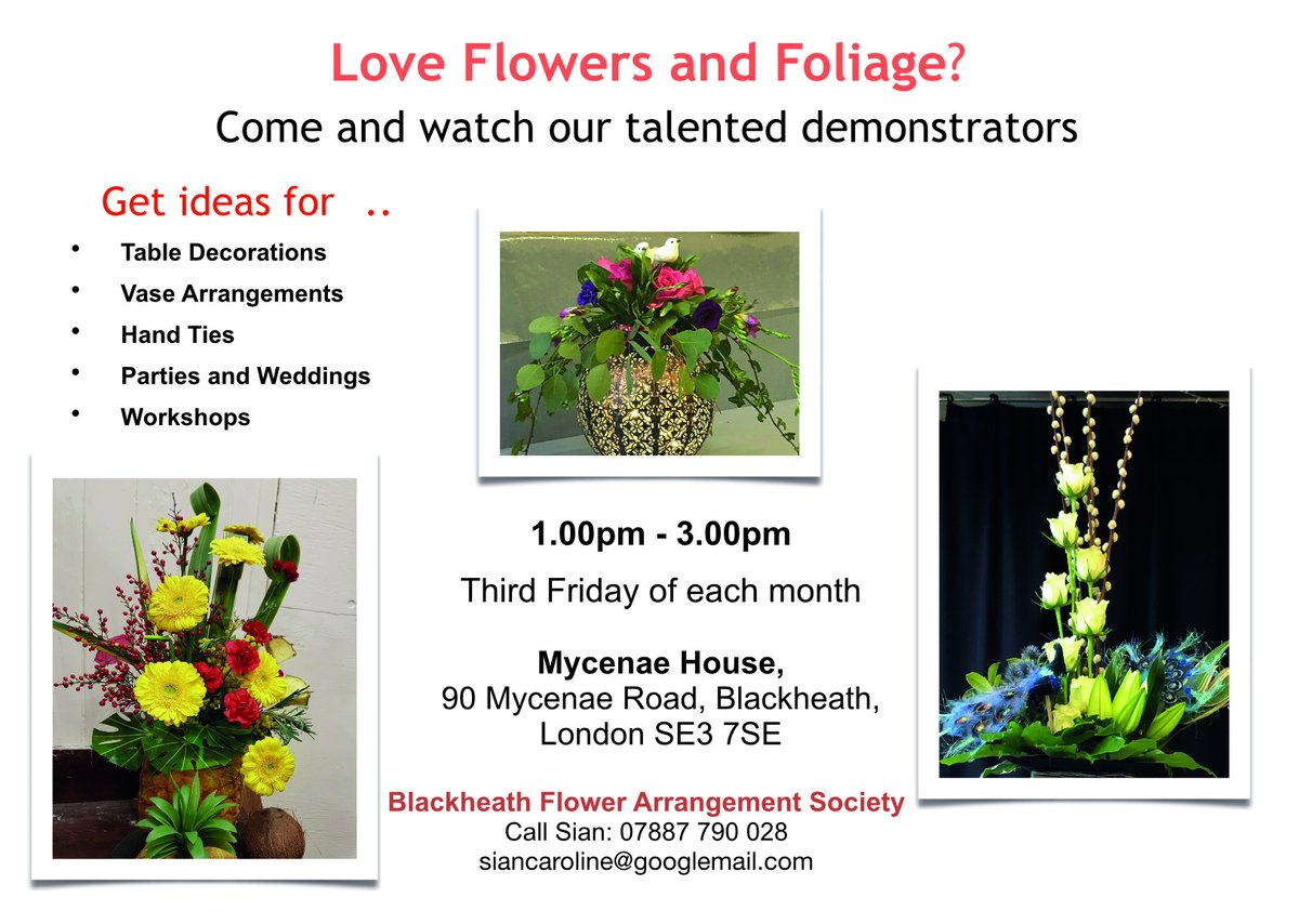 Add some colour into your day and come along to Blackheath Flower Club's monthly flower arranging demonstration here today 1pm.

Visitors welcome £8 per demonstration

#FlowersOnFriday #FlowerArranging #Demonstration #Blackheath #Greenwich #London