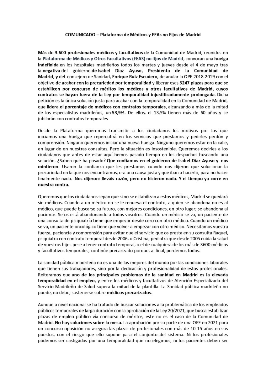 MedicosComoTu's tweet photo. 📢COMUNICADO📢

Los médicos y facultativos no fijos de Madrid convocan una 💥HUELGA INDEFINIDA💥 en los hospitales todos los martes y jueves tras la negativa del Gobierno de @IdiazAyuso de acabar con la precariedad.

Abrimos hilo🧵👇 https://t.co/EXegcPTPfw