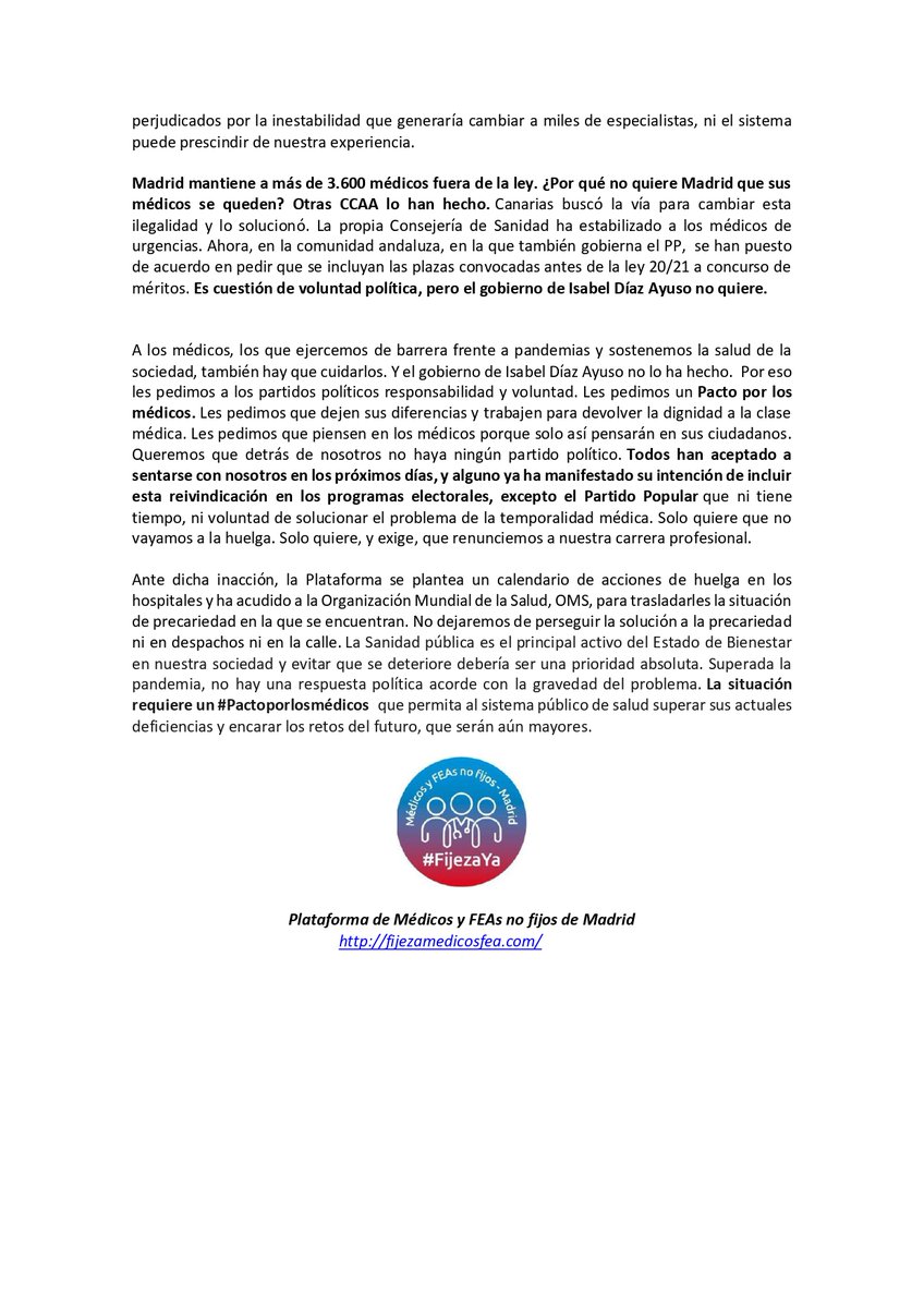 MedicosComoTu's tweet photo. 📢COMUNICADO📢

Los médicos y facultativos no fijos de Madrid convocan una 💥HUELGA INDEFINIDA💥 en los hospitales todos los martes y jueves tras la negativa del Gobierno de @IdiazAyuso de acabar con la precariedad.

Abrimos hilo🧵👇 https://t.co/EXegcPTPfw
