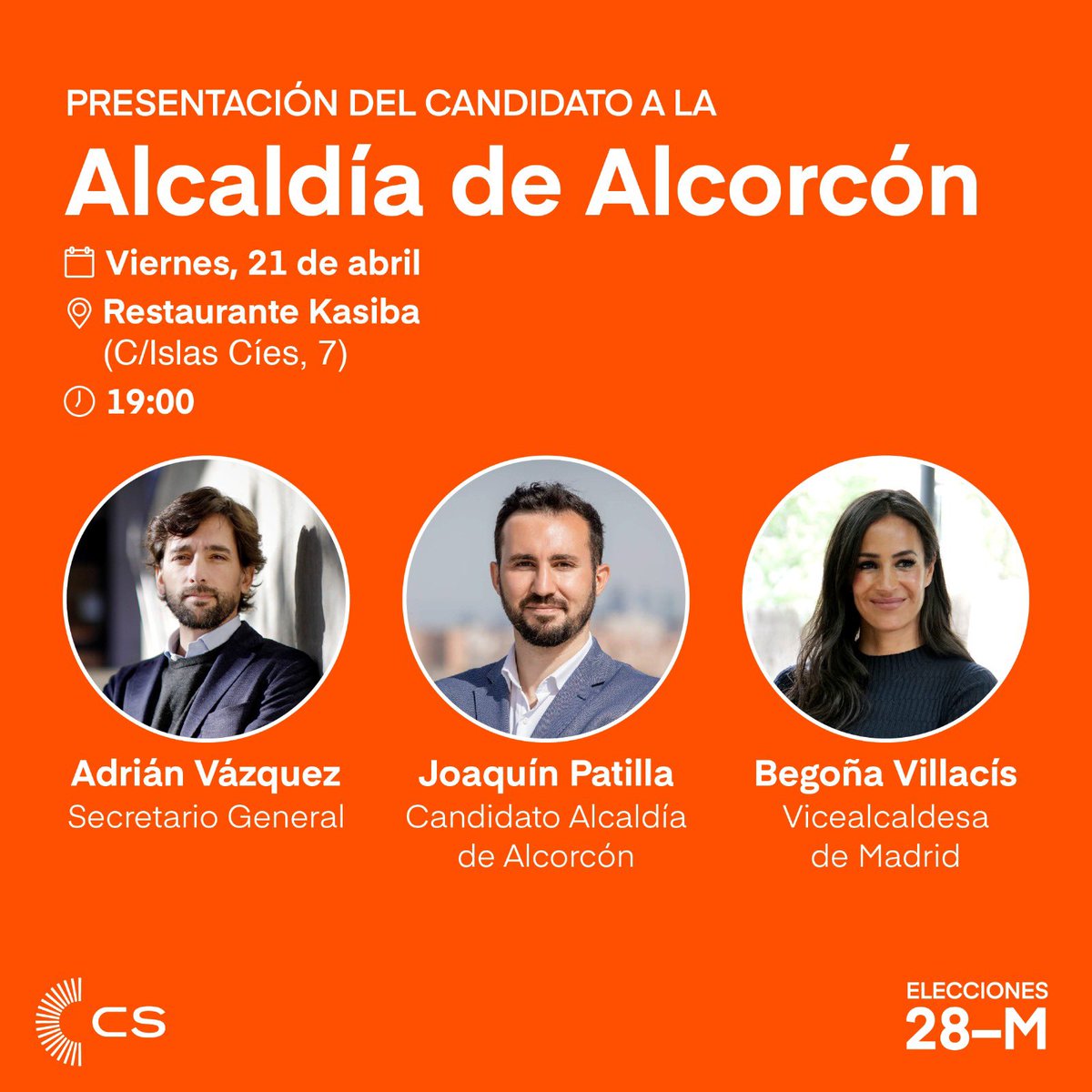 Esta tarde a las 19:00 en el restaurante Kasiba de #Alcorcón tendrá lugar la presentación de nuestro candidato a la alcaldía, acompañado de <a href="/begonavillacis/">Begoña Villacís</a> y <a href="/AdrianVL1982/">Adrián Vázquez Lázara 🇪🇦🇪🇺</a>. 
Hablaremos de las medidas liberales y proyectos para nuestro municipio. Te esperamos #PorLosTuyos