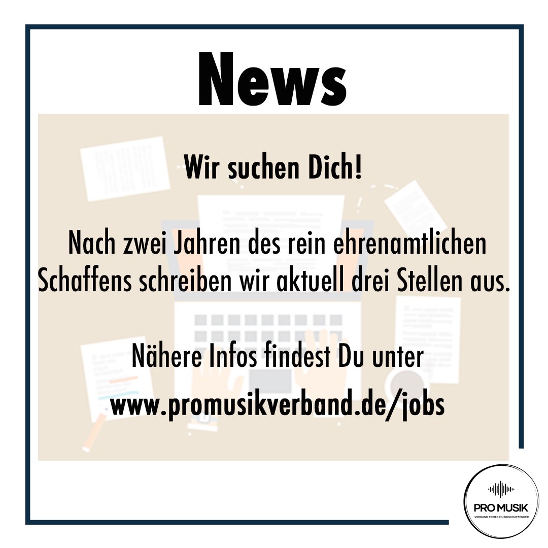 ProMusikVerband's tweet photo. Wir suchen Dich!
 
Nach zwei Jahren des rein ehrenamtlichen Schaffens schreiben wir aktuell drei Stellen aus.
 
Nähere Infos findest Du unter https://t.co/B9BVFrufz7
 
#promusik #ichbinpromusik #jobs https://t.co/eVj8h897BQ