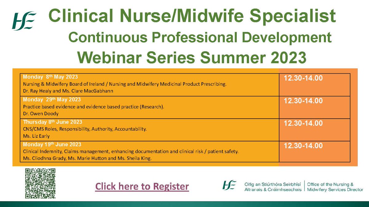rcnme_se's tweet photo. The @NurMidONMSD Clinical Nurse/Midwife Specialist Support Network present a CPD Webinar Summer Series for all Clinical Nurse/Midwife Specialists and any nurse/midwife interested in attending - Register at https://t.co/Yohw6sEk8p or scan the QR code below https://t.co/wc4mJnEYEx