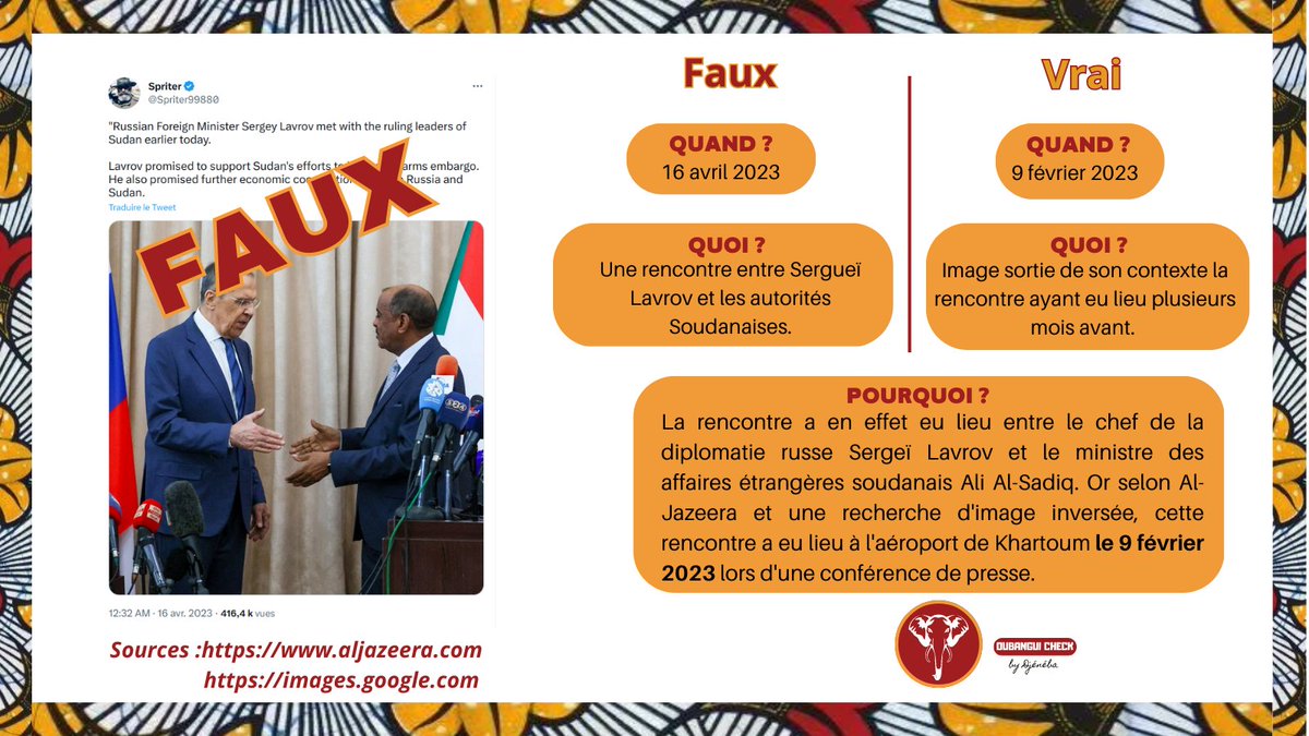 #Oubanguicheck 
Quand l'instabilité arrive, la désinformation aussi. Exemple flagrant au #Soudan. La vérité juste ici ⬇️⬇️