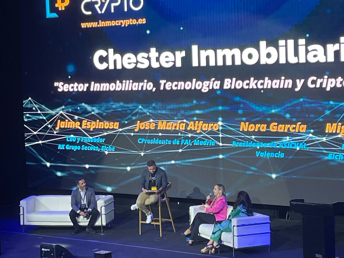 InmoCrypto's tweet photo. Primer chester inmobiliario de la mano de Jaime Espinosa, Jose Maria Alfaro, Nora Garcia e Itziar Martinez.

¡Muchas gracias por vuestras palabras! 👏🏻🤩

#bitcoin #realestate #inmocrypto https://t.co/lPoaYXPbXx