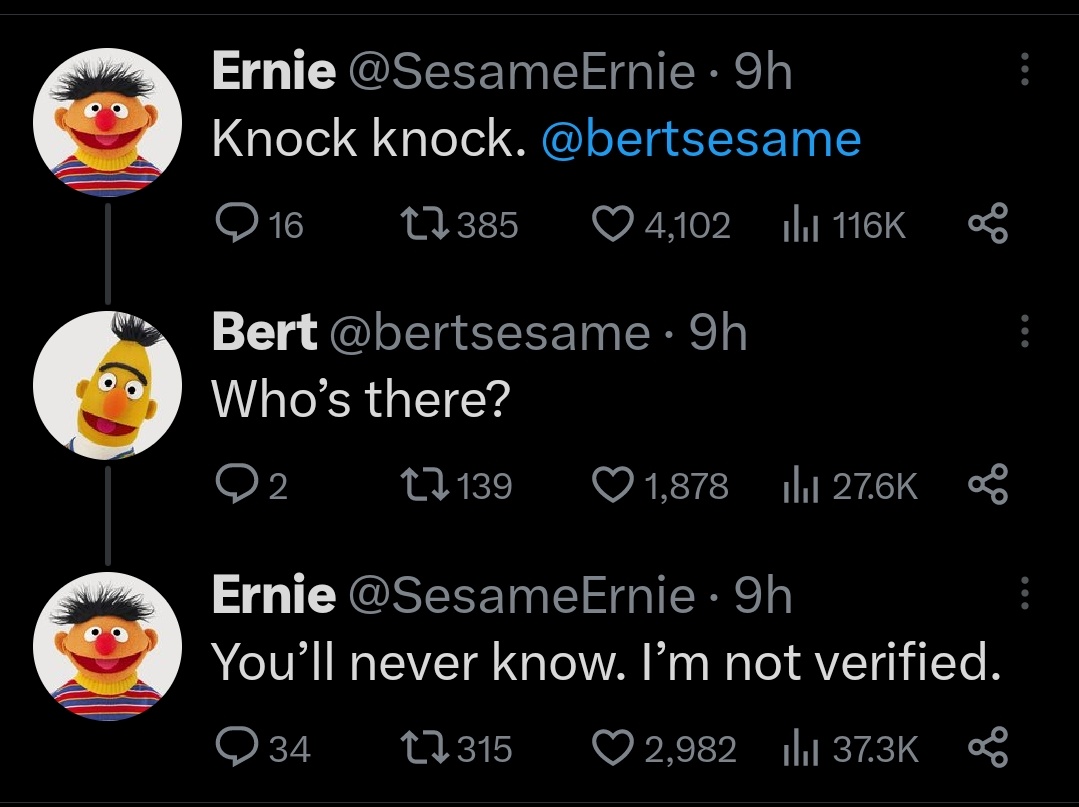 Aitch2D's tweet photo. When you're @elonmusk and even the Sesame Street Muppets are burning you about the #BlueCheckMark https://t.co/ulhdB5IL0j