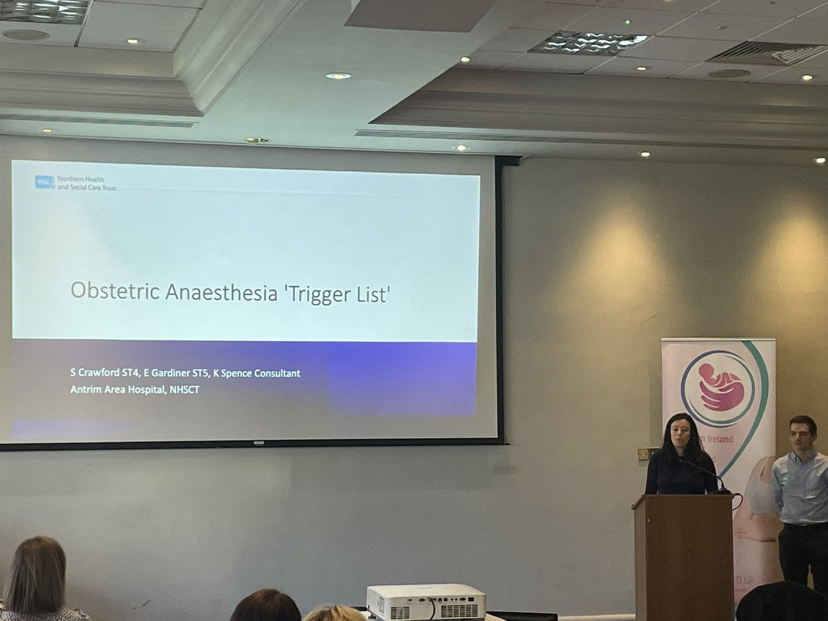 ObsAnaesNetwork's tweet photo. The obstetric anaesthetic #triggerlist being presented by Dr Stephen Crawford and Dr Emma Gardiner has encouraged anaesthetists to report incidents and improve #patientsafety. #NIOAN23 https://t.co/vKvmxjvl4z