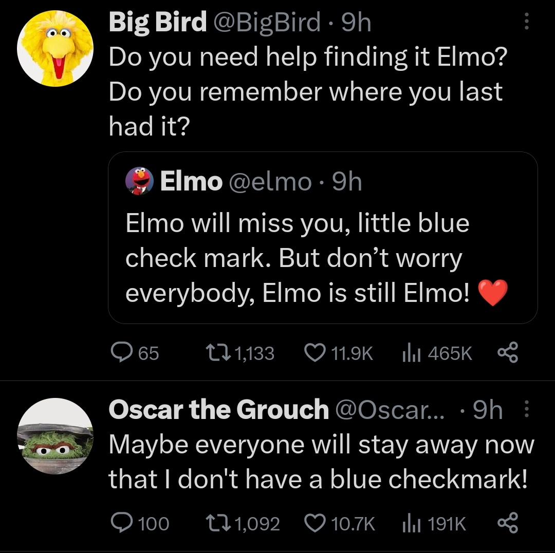 Aitch2D's tweet photo. When you're @elonmusk and even the Sesame Street Muppets are burning you about the #BlueCheckMark https://t.co/ulhdB5IL0j