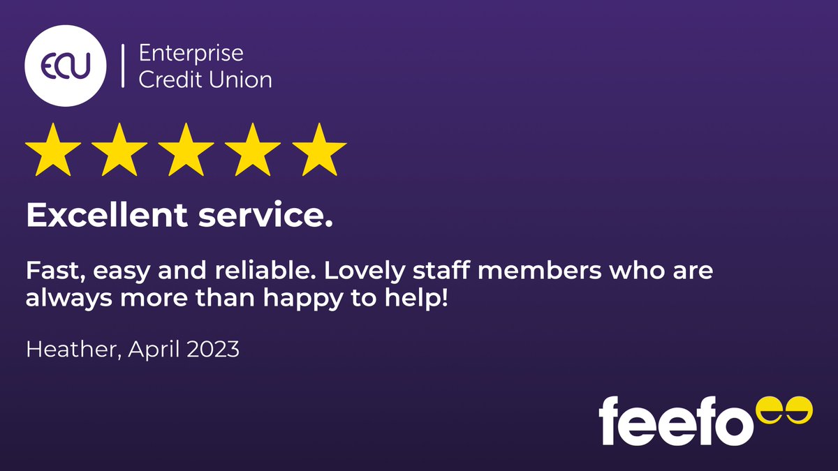 #FeefoFriday
This is what we do everyday! for everyone!
Find out more on how as an Employer and your Employees can benefit and be part of our excellent company Enterprise Credit Union #FinancialWellbeing #FinancialResilience #StaffBenefit
lnkd.in/eSNMaFj5