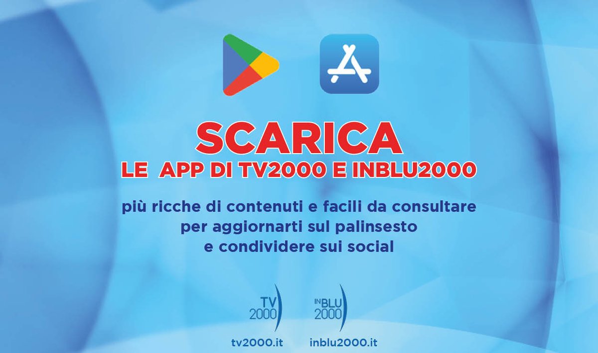 TV2000it's tweet image. Rimani aggiornato sulla nostra #guidaTV, guarda il live, rivedi i nostri programmi.
Scarica la nostra app, porta #TV2000 sempre con te

📲 Android ▶ play.google.com/store/apps/det…
 
📲 iOs ▶ apps.apple.com/it/app/tv2000/…