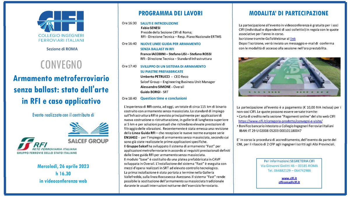 <a href="/salcefgroup/">Salcef Group</a>  ospite del #convegno dedicato all’armamento metroferroviario senza ballast, organizzato dal #CIFI con il contributo di #RFI.
Mercoledì 26 aprile in video conferenza web.
👉 bit.ly/3LhSyhv