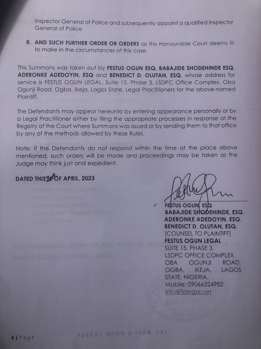 mrfestusogun's tweet photo. I have now filed a lawsuit against the IGP at the Federal High Court seeking for the court’s intervention over his continuous stay in office after his retirement. I firmly believe that his continuous stay in office is illegal and unconstitutional. Rule of law must reign supreme. https://t.co/gHXPVwwuGG