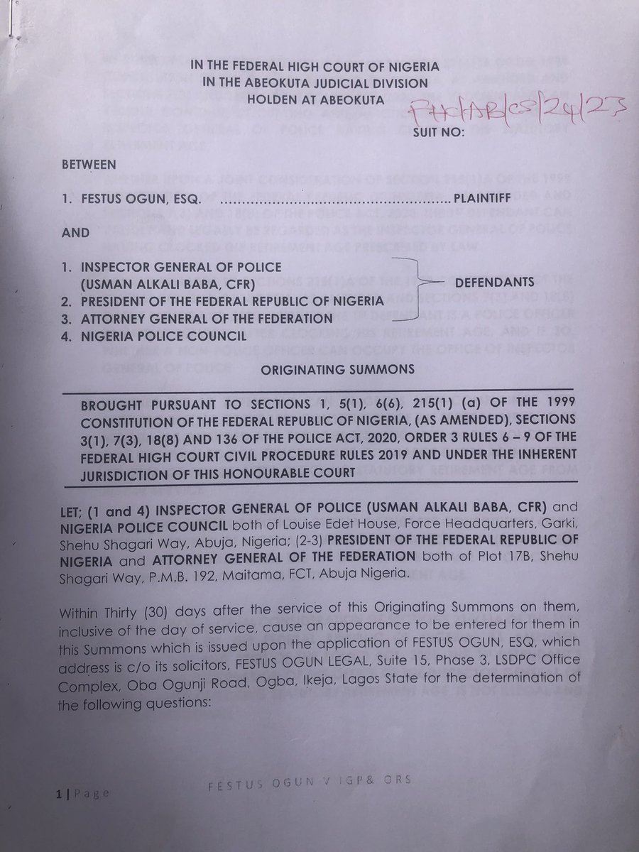 mrfestusogun's tweet photo. I have now filed a lawsuit against the IGP at the Federal High Court seeking for the court’s intervention over his continuous stay in office after his retirement. I firmly believe that his continuous stay in office is illegal and unconstitutional. Rule of law must reign supreme. https://t.co/gHXPVwwuGG