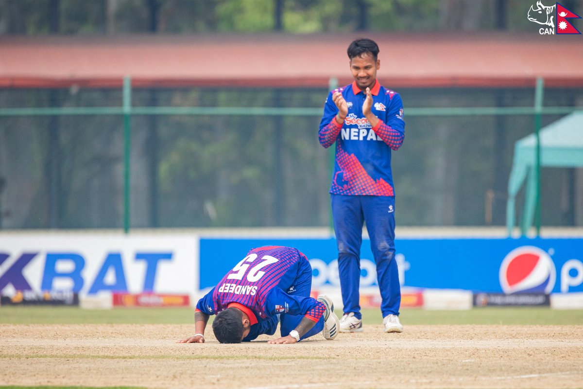 CricketNep's tweet photo. A Glimpse of Magic!!
The moment Sandeep Lamichanne picked his 100th ODI wicket, being the fastest in the world to do so!!

#NEPvOMN | #ACCPremierCup | #RoadToAsiaCup | #weCAN https://t.co/nWXOPruNVY