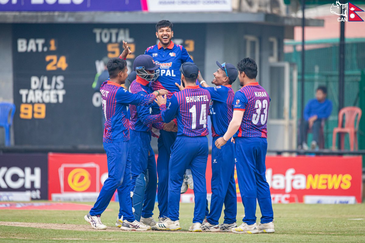 CricketNep's tweet photo. A Glimpse of Magic!!
The moment Sandeep Lamichanne picked his 100th ODI wicket, being the fastest in the world to do so!!

#NEPvOMN | #ACCPremierCup | #RoadToAsiaCup | #weCAN https://t.co/nWXOPruNVY