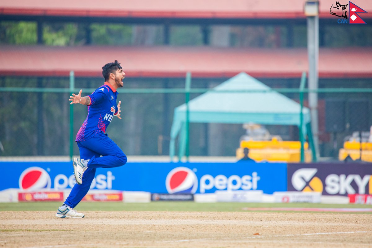 CricketNep's tweet photo. A Glimpse of Magic!!
The moment Sandeep Lamichanne picked his 100th ODI wicket, being the fastest in the world to do so!!

#NEPvOMN | #ACCPremierCup | #RoadToAsiaCup | #weCAN https://t.co/nWXOPruNVY