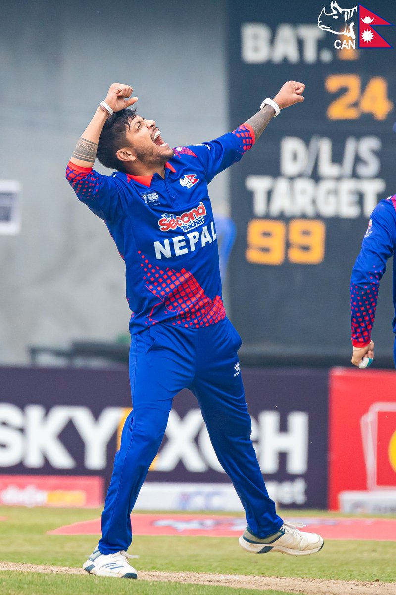 CricketNep's tweet photo. A Glimpse of Magic!!
The moment Sandeep Lamichanne picked his 100th ODI wicket, being the fastest in the world to do so!!

#NEPvOMN | #ACCPremierCup | #RoadToAsiaCup | #weCAN https://t.co/nWXOPruNVY