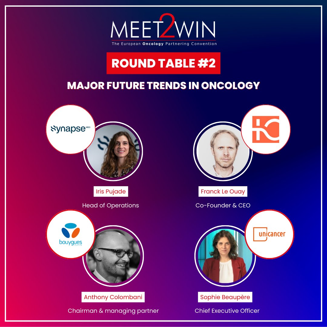 💡Vers une médecine digitalisée pour tous : on en parle lors de la 2e table ronde de #MEET2WIN Convention Partnering en Oncologie avec :

🔸Iris Pujade <a href="/SynapseMedFR/">Synapse Medicine</a>  
🔸Franck Le Ouay <a href="/lifen_fr/">Lifen</a>  
🔸Sophie Beaupère @GroupeUnicancer 
🔸Anthony Colombani <a href="/bouyguestelecom/">Bouygues Telecom</a>