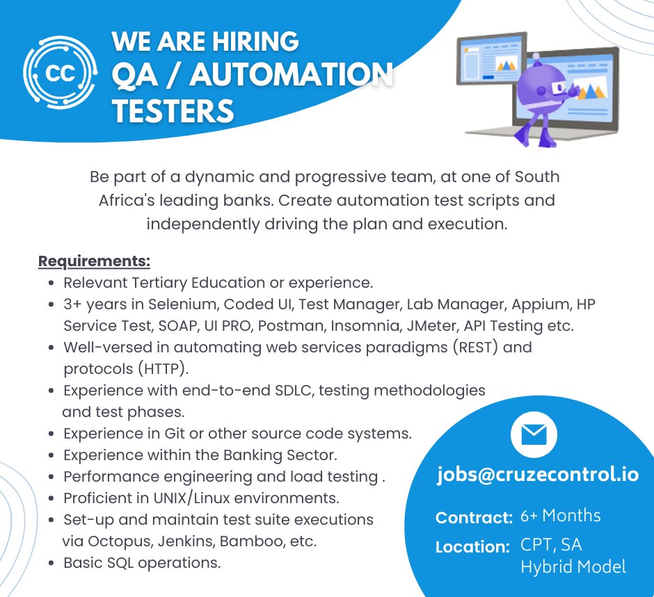 CruzeControl_'s tweet image. We are hiring QA/Automation Testers to join a dynamic team, at one of South Africa&apos;s leading banks. 

Apply online: forms.clickup.com/9005043095/f/8…

#qatesters #automationtesters #nowhiring #testers #selenium #APItesting