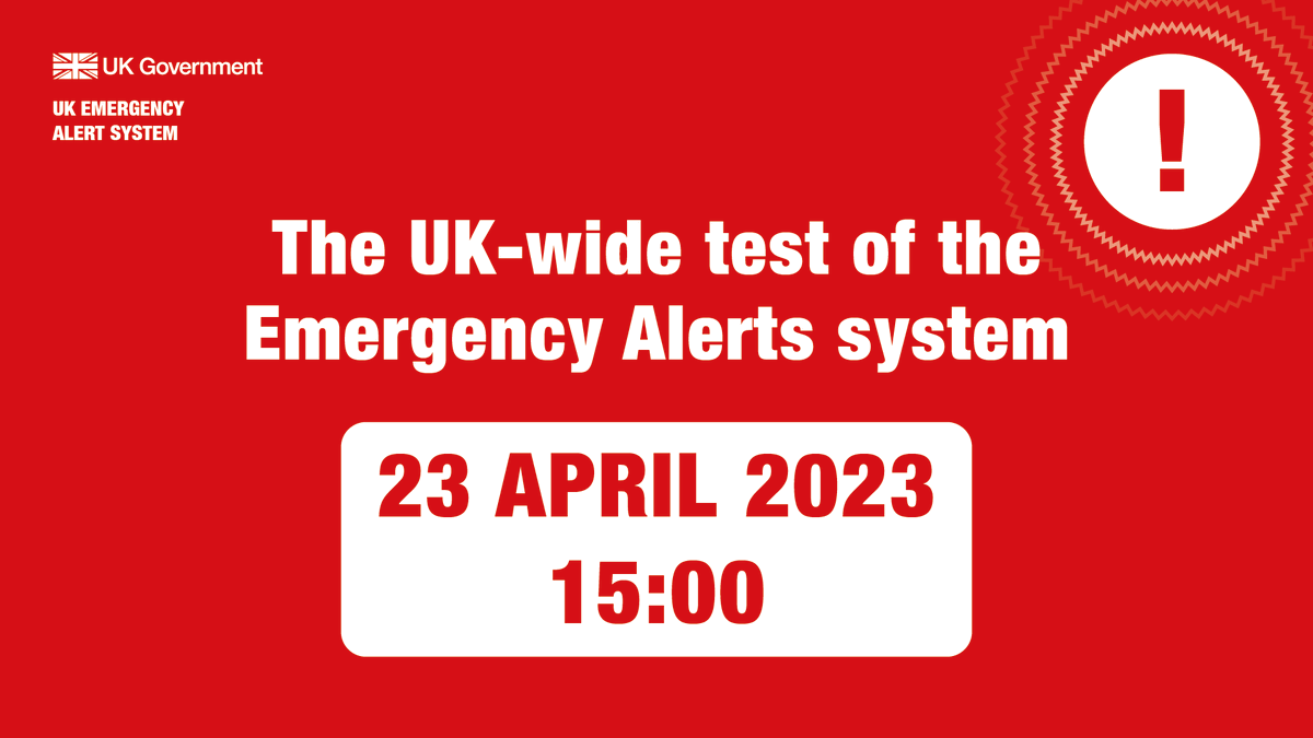 At 3pm on Sunday 23 April, there will be a national test of the UK Emergency Alerts service. As we have seen in other countries, Emergency Alerts help keep you safe if there is an immediate risk to life by sending an alert direct to your mobile phone gov.uk