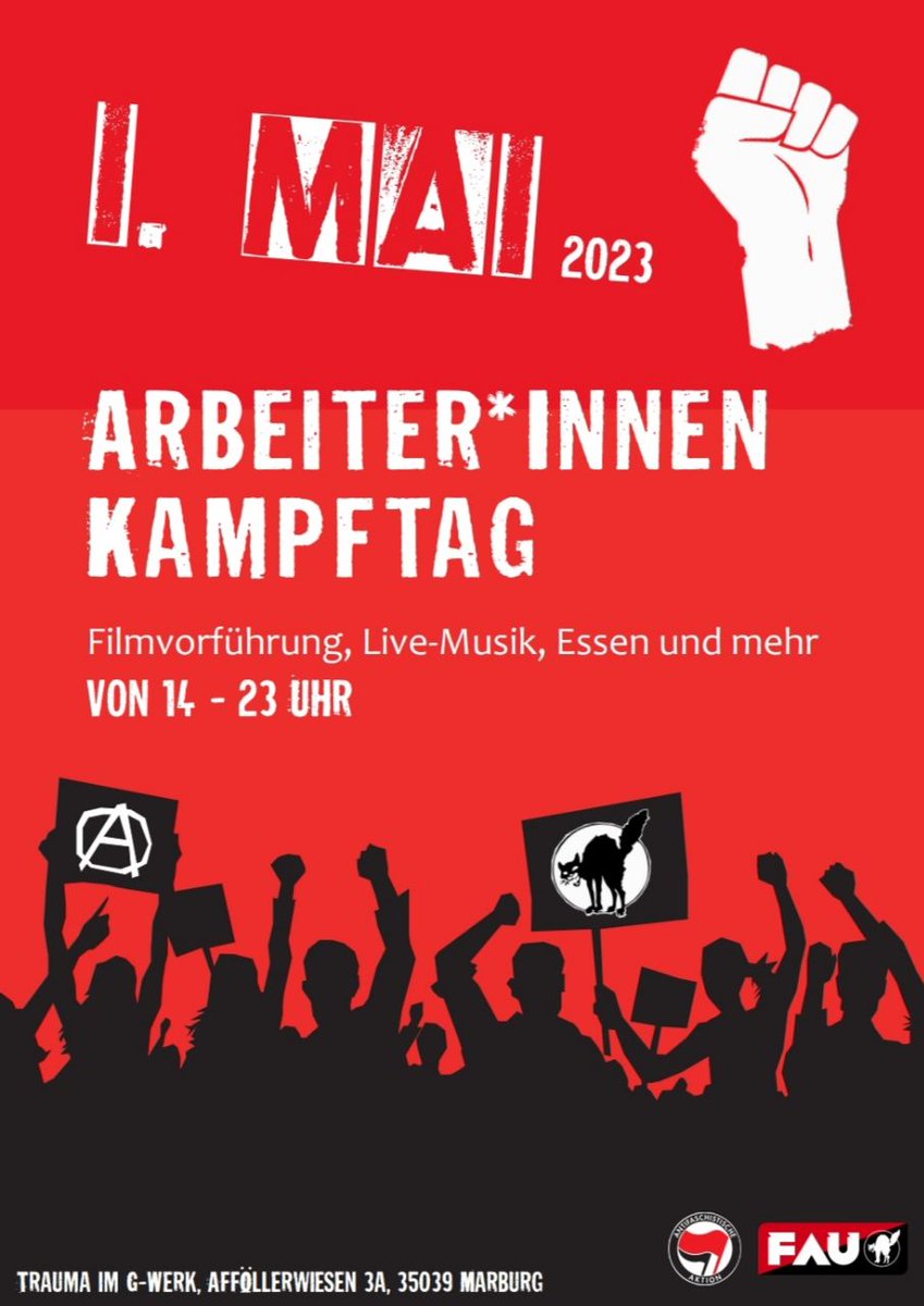 Heraus zum 1. Mai. Kommt gerne zu unserem vielseitigem Programm ins Cafe Trauma. Um 14 Uhr gehts los. Mit Filmvorführung, Stände, Musik und Essen. Bis dann!

#Marburg #Gießen #Wetzlar #Mittelhessen #TagderArbeit #Antifa #1mai #erstermai #Arbeiterinnenkampftag #Arbeiterkampftag