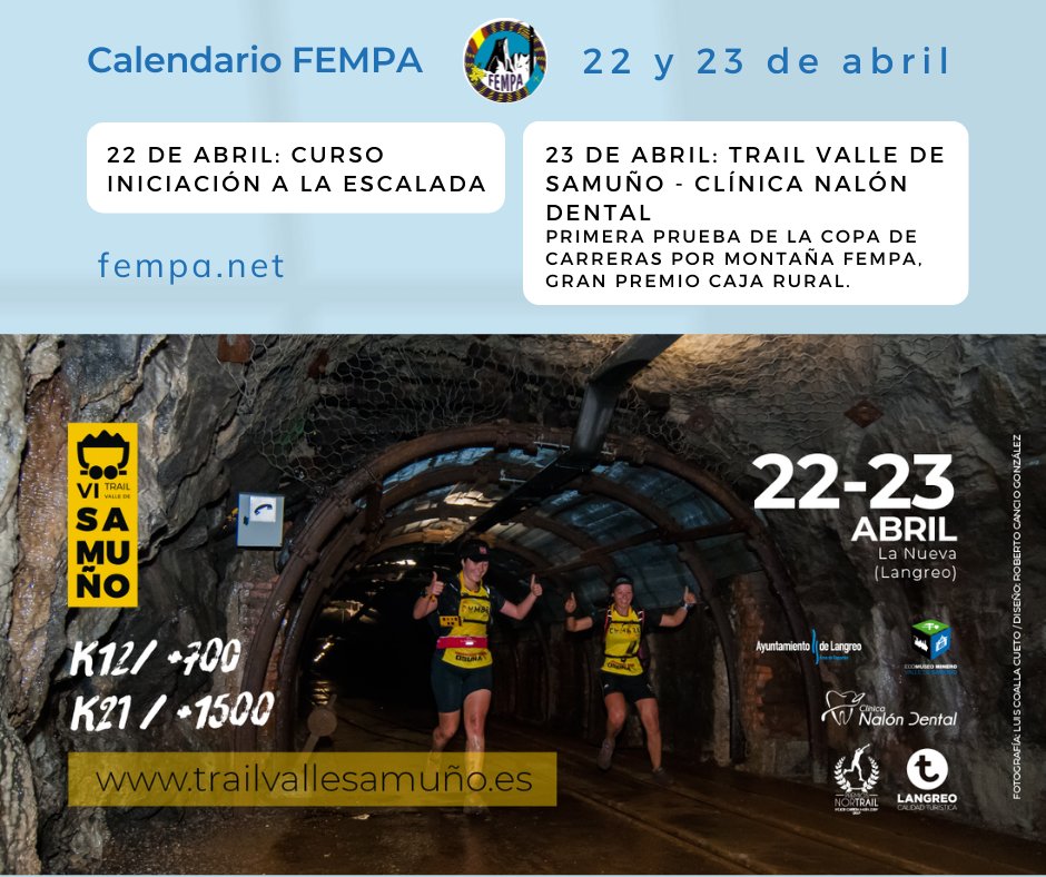 Este fin de semana se realizarán las siguientes actividades:
👉 22 de abril: Curso iniciación a la escalada
👉 23 de abril: Trail Valle de Samuño - Clínica Nalón Dental
Primera prueba de la Copa de Carreras por Montaña FEMPA, GRAN PREMIO CAJA RURAL.
#TrailValledeSamuño #60FEMPA