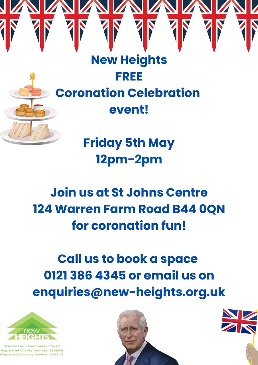 New_Heights_UK's tweet image. Join New Heights on the 5th May, 12pm-2pm for a FREE Coronation Celebration Event!
Call 0121 386 4345 or email enquiries@new-heights.org.uk to book a space. Book before the 2nd of May