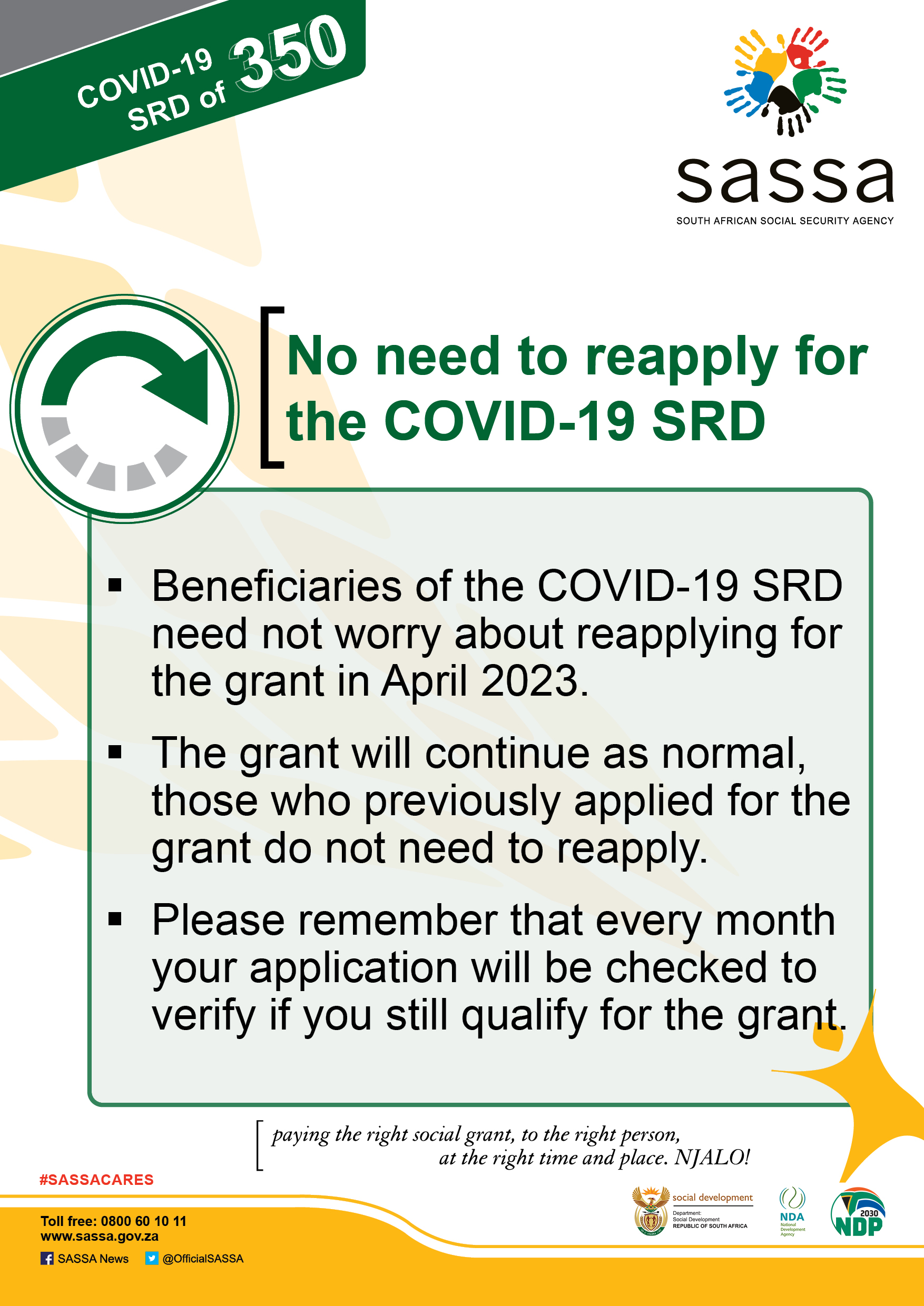 SASSA on X: &ldquo;No need to reapply for the COVID-19 SRD @The_DSD 