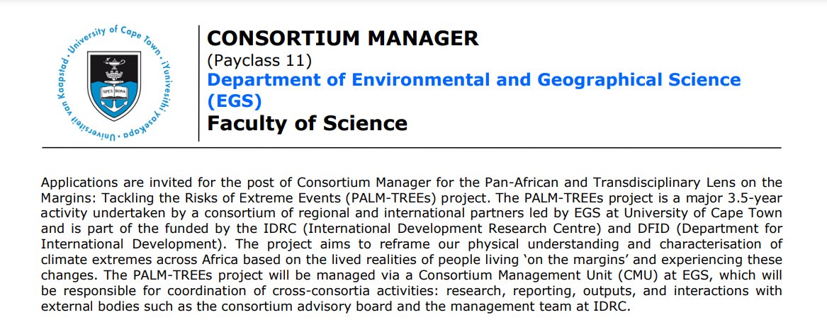 📢Job Alert!

The PALM-Trees project (Pan-African and Transdisciplinary Lens on the Margins: Tackling the Risks of Extreme Events) are looking for a new programme manager based in the University of Cape Town.

Application deadline: 10 May
uct.ac.za/sites/default/…